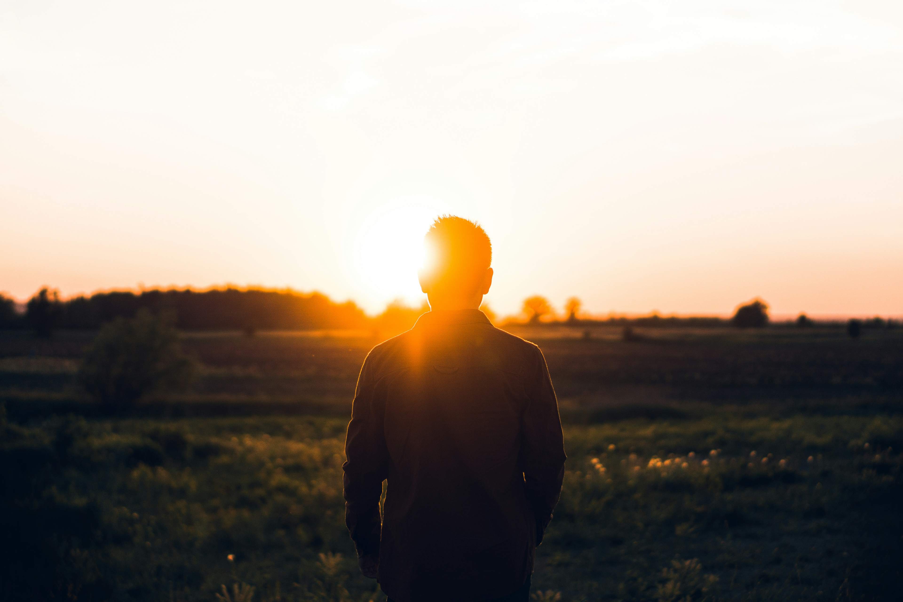Silhouette of a person facing the sunset in an open field